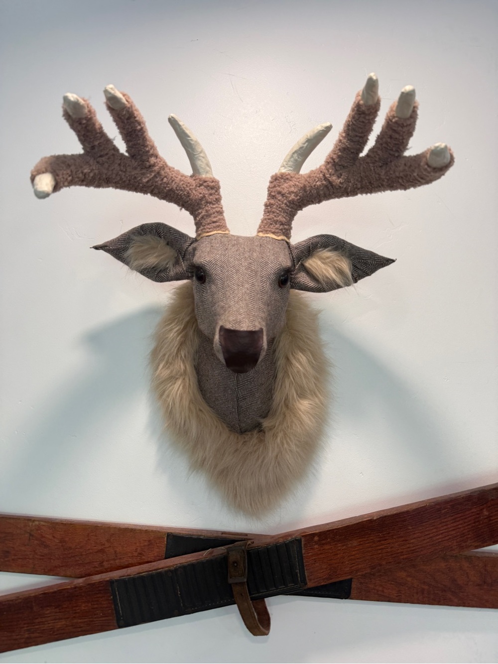 Plush Faux Fur Deer Head Wall Mount - Taupe and Cream Herringbone Wool